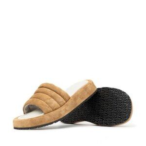 NWT P448 | Women's Fergie Platform Slide Sandals in Cognac Suede